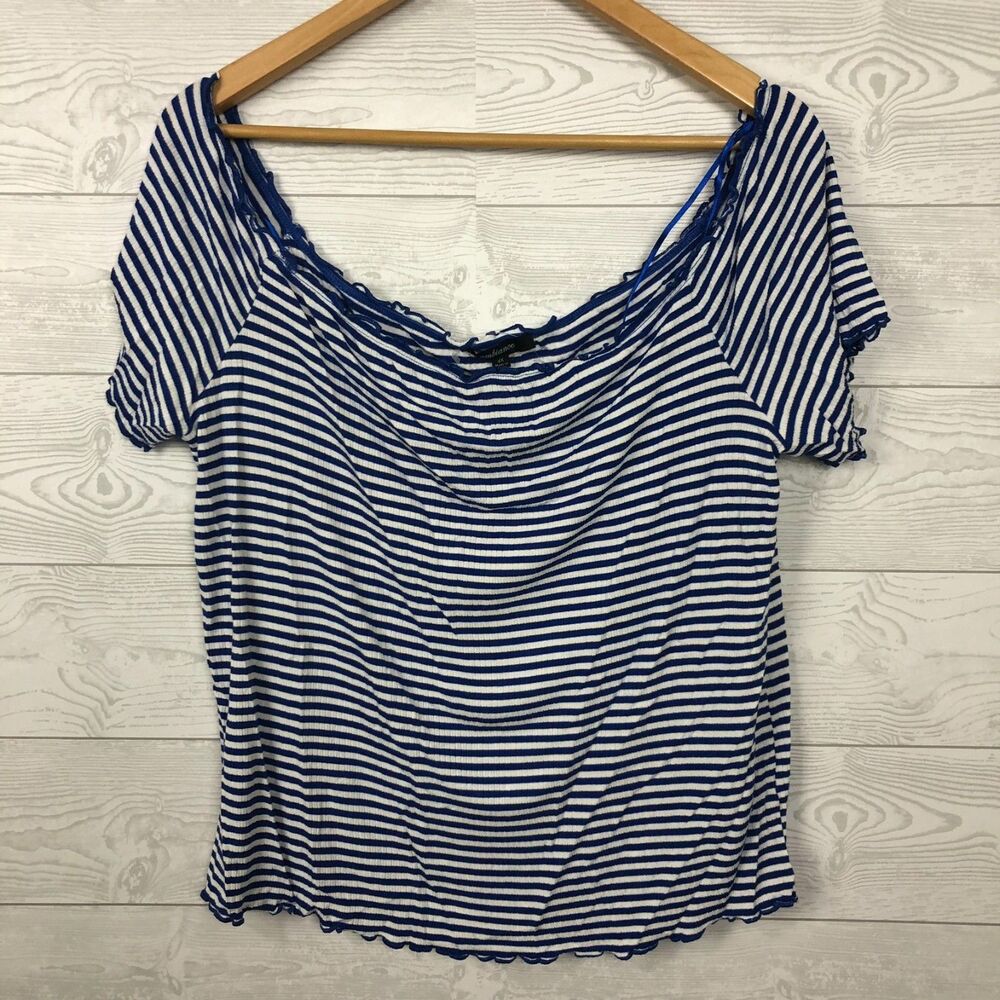 Ambiance Women's 3X Striped Short Sleeve Top Lettuce Hem Blue White Tee Casual